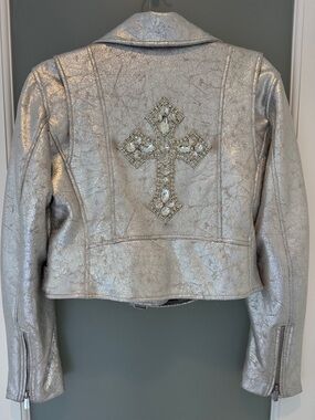 ✨Zara 🪩 Coachella ready 1-of-a-kind reworked metallic rhinestone biker jacket